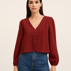 Zara Red Black Polka Dot Blouse With Front Buttons And Bow Tie Feature On Back